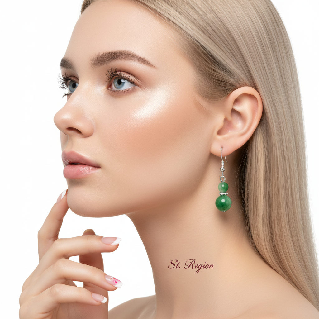 Green Jade & Silvertone ‌Gourd-Shape Hook Earrings