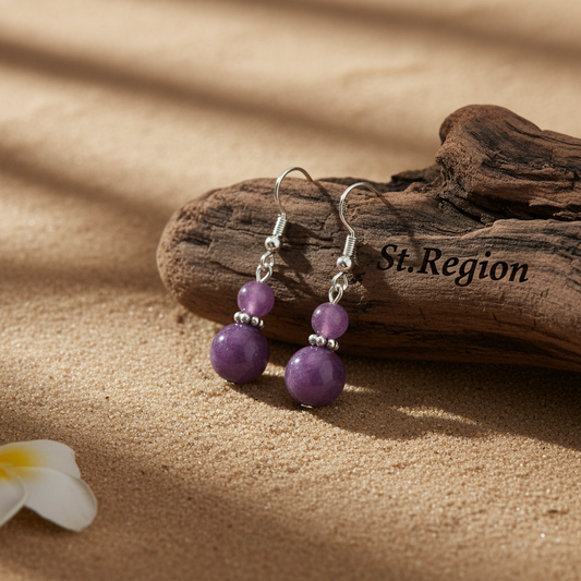 Purple Jade & Silvertone ‌Gourd-Shape Hook Earrings