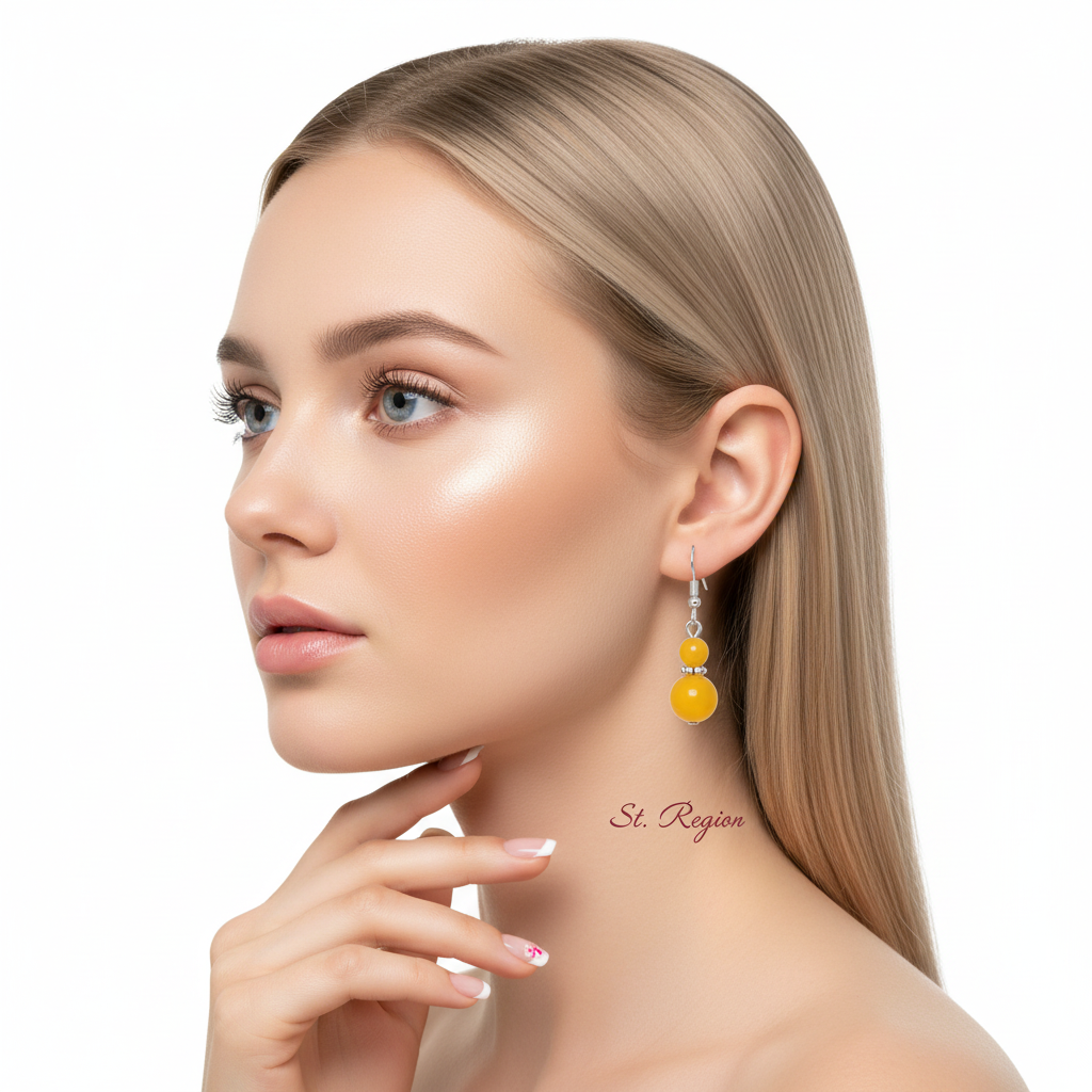 Yellow Jade & Silvertone ‌Gourd-Shape Hook Earrings