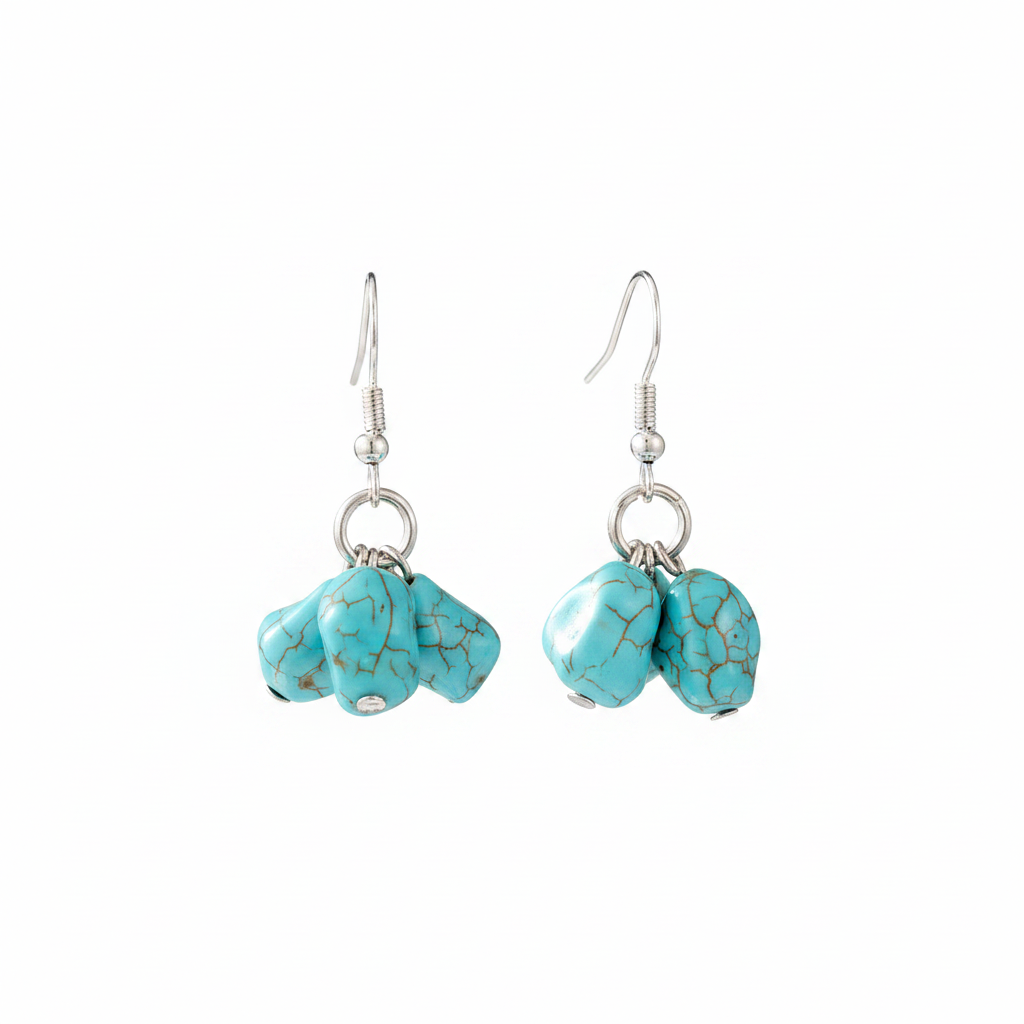 Turqouise & Silvertone Cube Cluster Hook Earrings