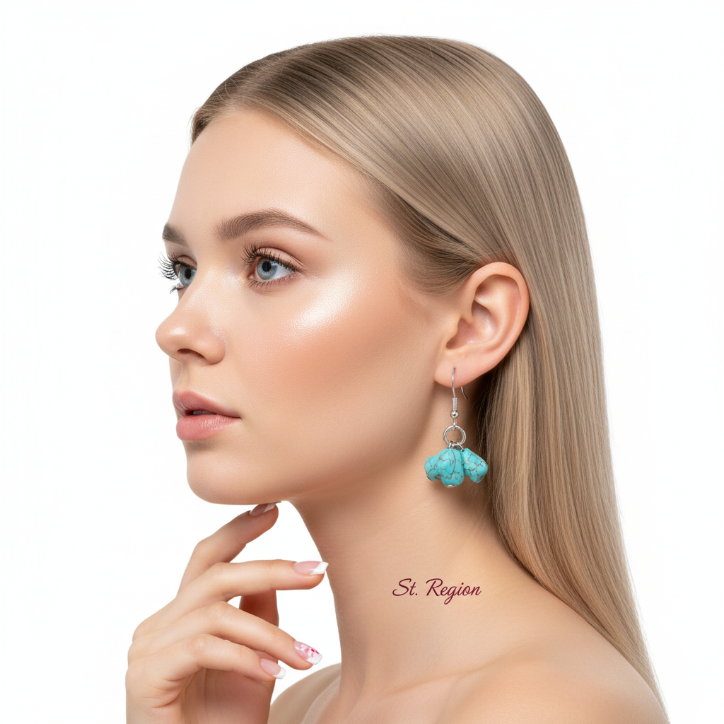 Turqouise & Silvertone Cube Cluster Hook Earrings