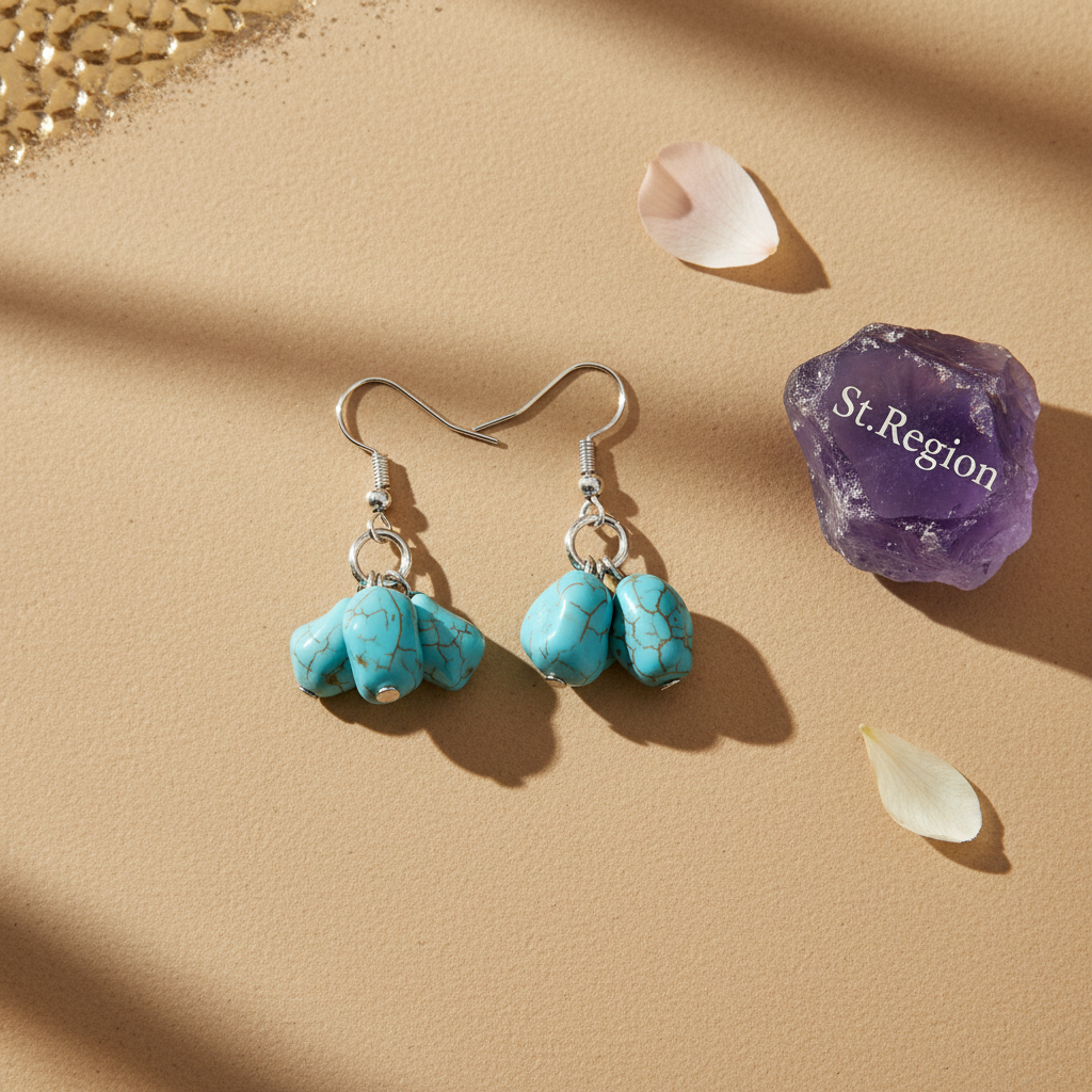 Turqouise & Silvertone Cube Cluster Hook Earrings