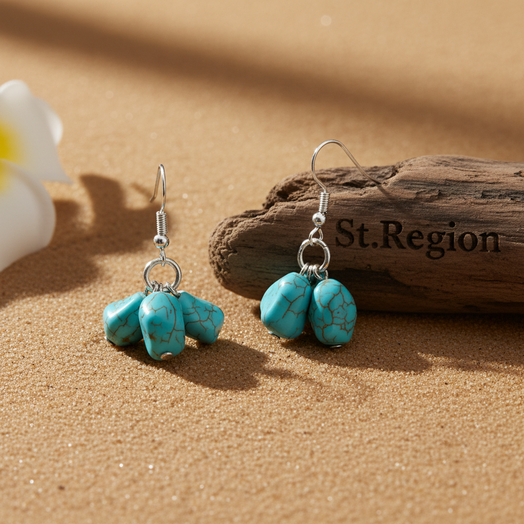 Turqouise & Silvertone Cube Cluster Hook Earrings