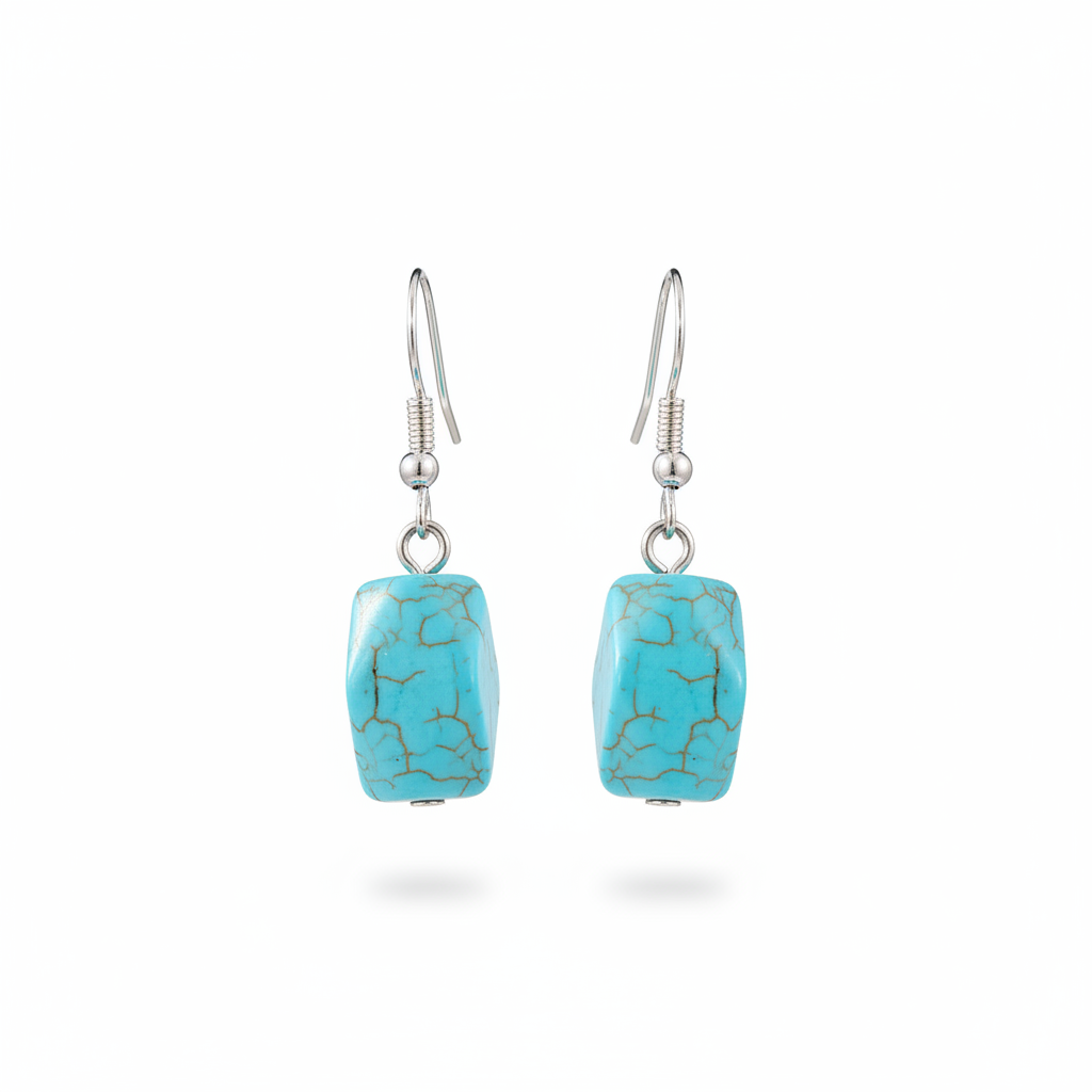 Turqouise & Silvertone Diomand-Cut Cuboid Hook Earrings