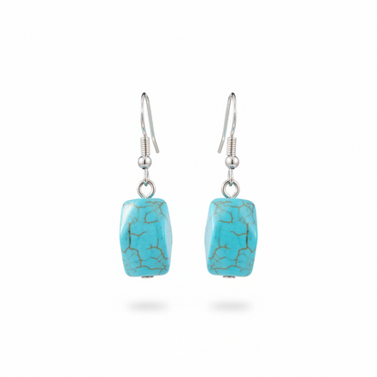 Turqouise & Silvertone Diomand-Cut Cuboid Hook Earrings