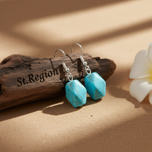 Turqouise & Silvertone Diomand-Cut Cuboid Hook Earrings