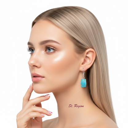 Turqouise & Silvertone Diomand-Cut Cuboid Hook Earrings