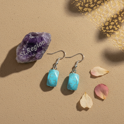 Turqouise & Silvertone Diomand-Cut Cuboid Hook Earrings