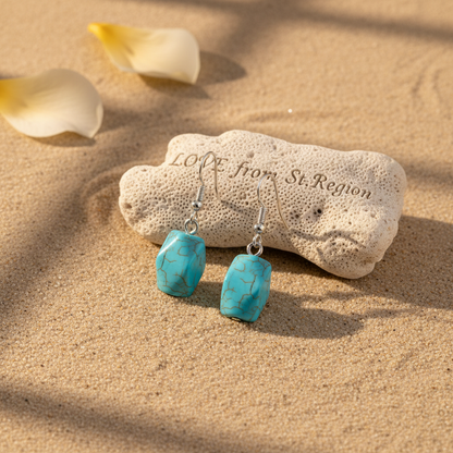 Turqouise & Silvertone Diomand-Cut Cuboid Hook Earrings