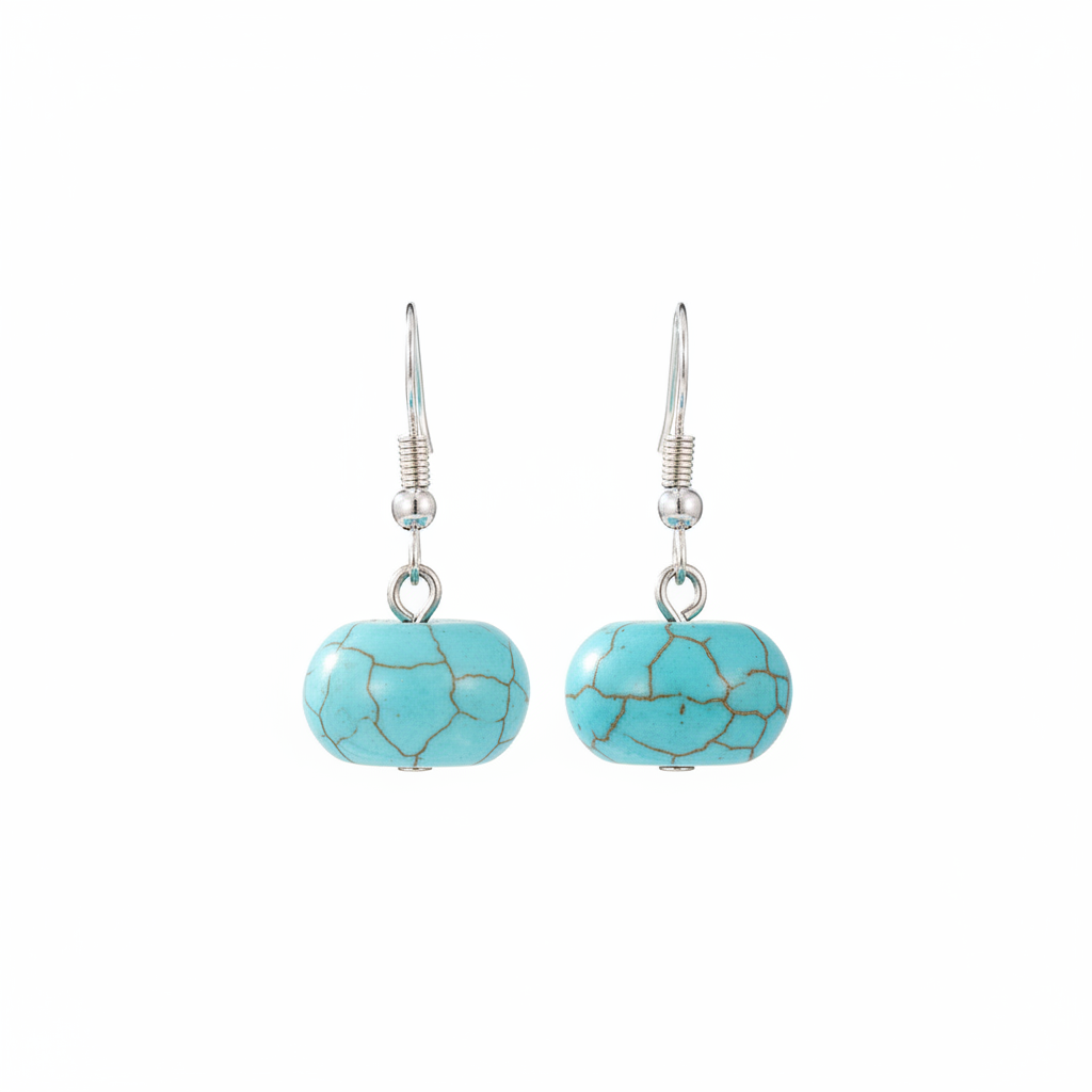 Turqouise & Silvertone Pumpkin-Shape Stone Hook Earrings