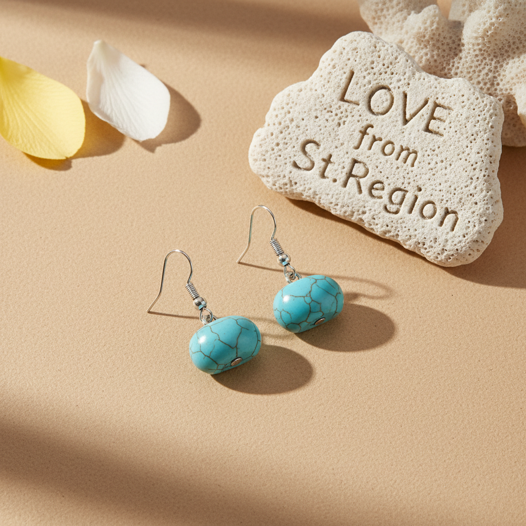 Turqouise & Silvertone Pumpkin-Shape Stone Hook Earrings