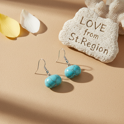 Turqouise & Silvertone Pumpkin-Shape Stone Hook Earrings