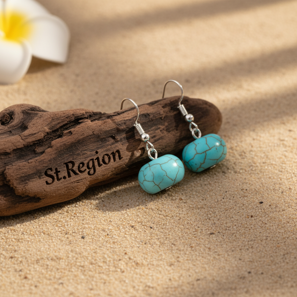 Turqouise & Silvertone Pumpkin-Shape Stone Hook Earrings