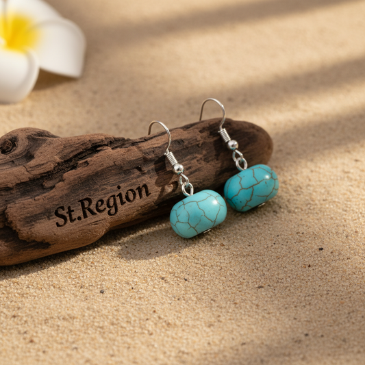 Turqouise & Silvertone Pumpkin-Shape Stone Hook Earrings