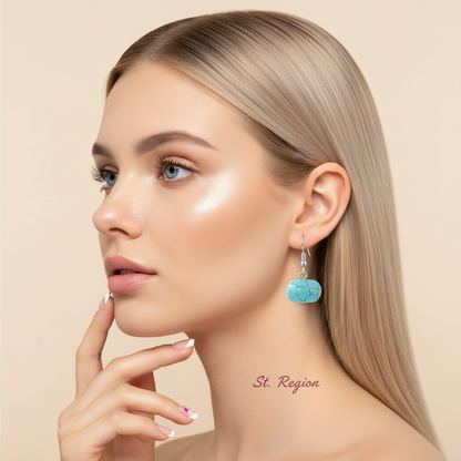 Turqouise & Silvertone Pumpkin-Shape Stone Hook Earrings
