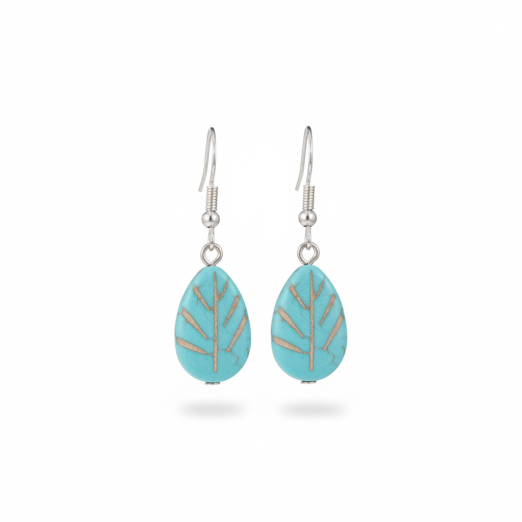 Turqouise & Silvertone Drop-Shape Leaf Hook Earrings