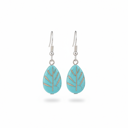Turqouise & Silvertone Drop-Shape Leaf Hook Earrings