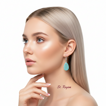 Turqouise & Silvertone Drop-Shape Leaf Hook Earrings