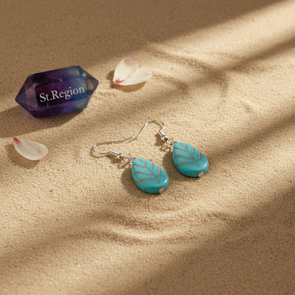 Turqouise & Silvertone Drop-Shape Leaf Hook Earrings