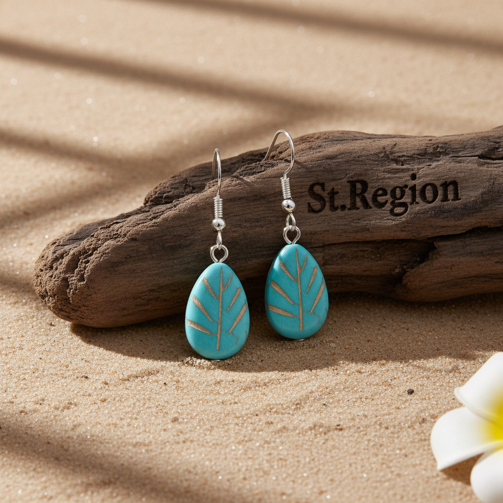 Turqouise & Silvertone Drop-Shape Leaf Hook Earrings