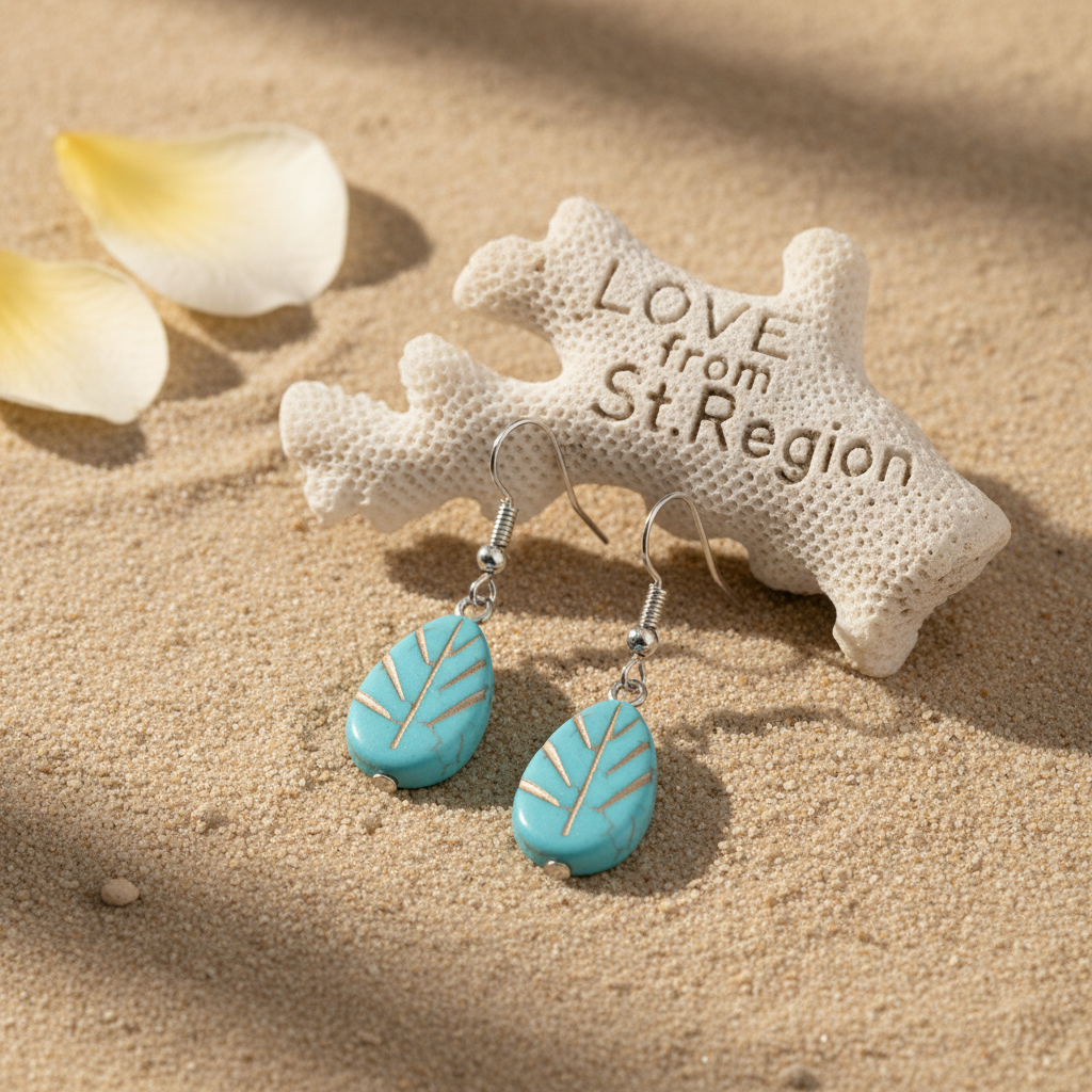 Turqouise & Silvertone Drop-Shape Leaf Hook Earrings
