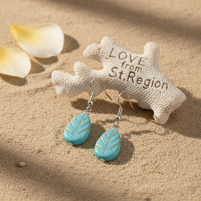Turqouise & Silvertone Drop-Shape Leaf Hook Earrings