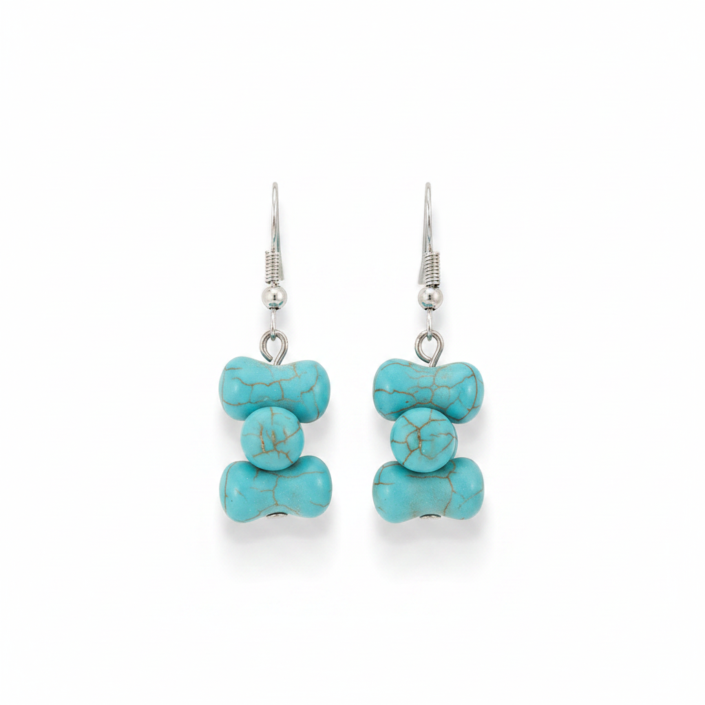 Turqouise & Silvertone Bone-Shape Stone Hook Earrings