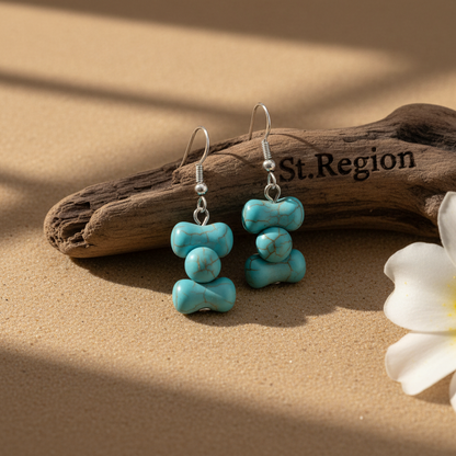Turqouise & Silvertone Bone-Shape Stone Hook Earrings