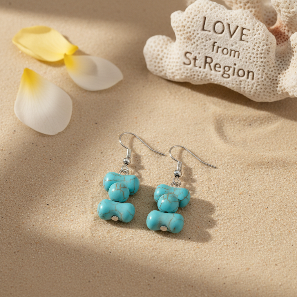 Turqouise & Silvertone Bone-Shape Stone Hook Earrings