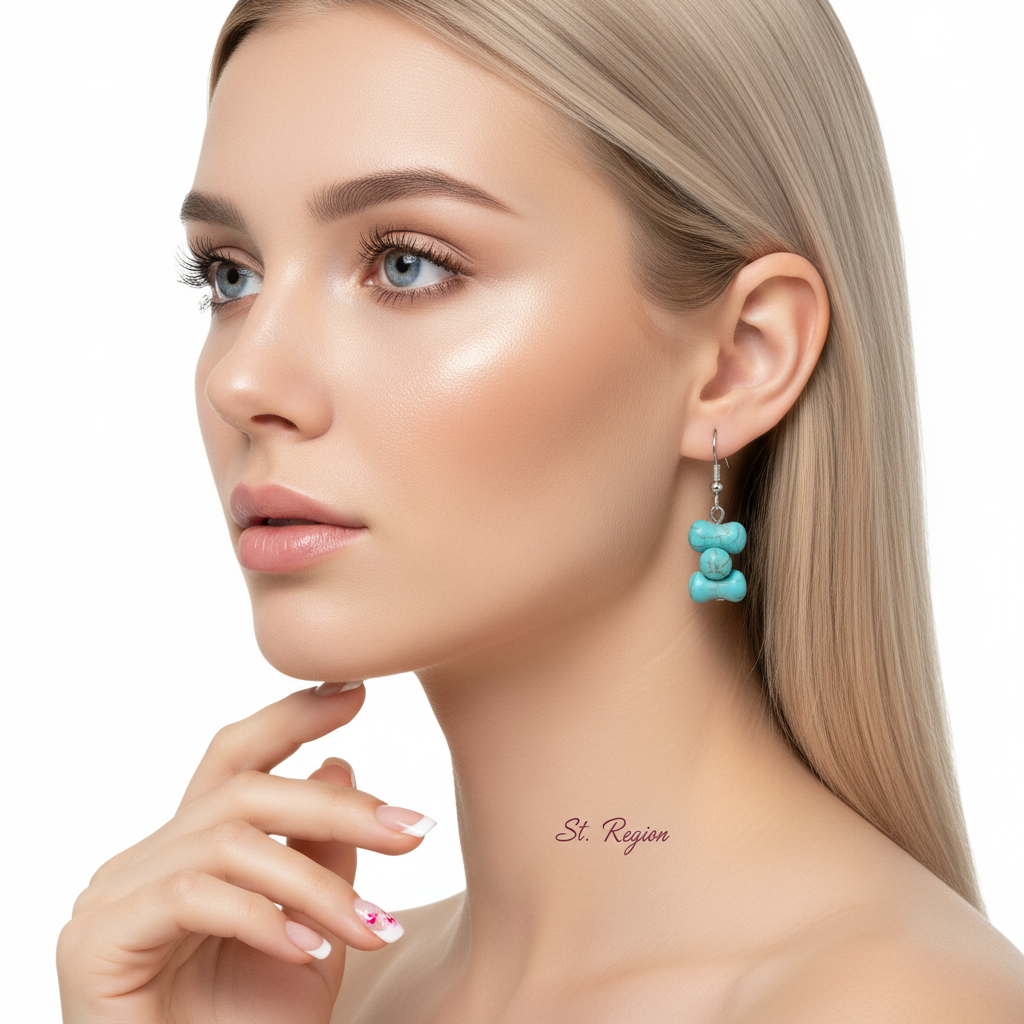 Turqouise & Silvertone Bone-Shape Stone Hook Earrings