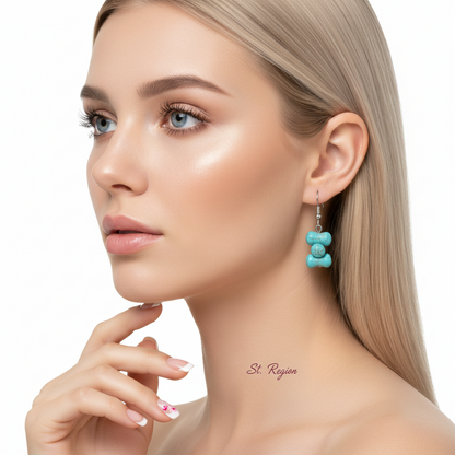 Turqouise & Silvertone Bone-Shape Stone Hook Earrings