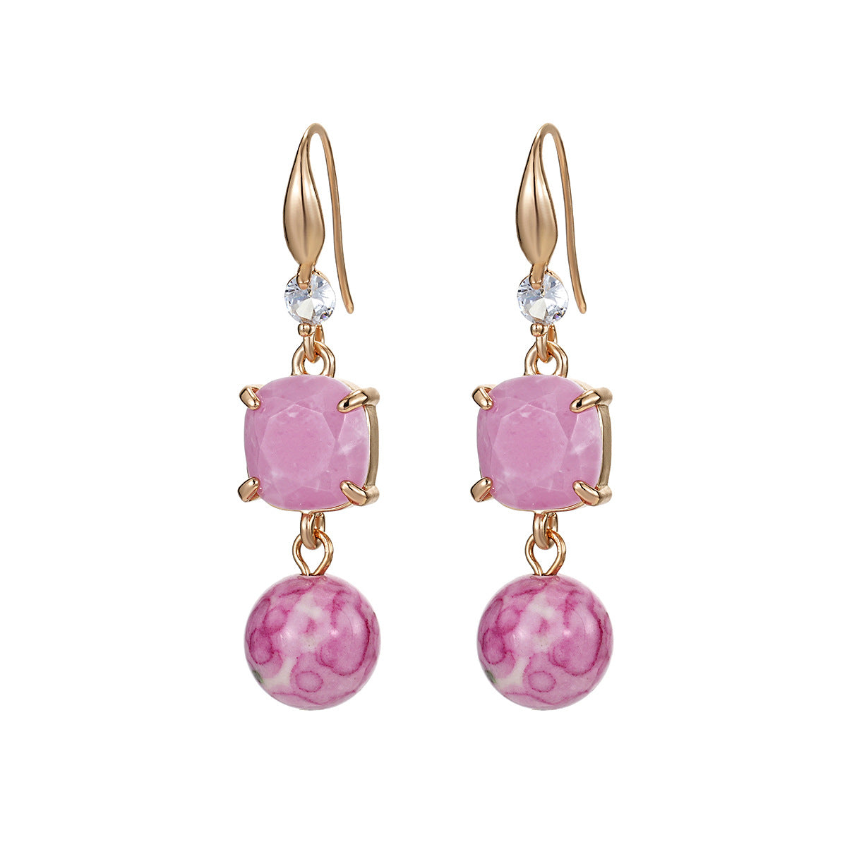 Pink Resin & Cubic Zirconia Goldtone Cushion Ball Hook Earrings