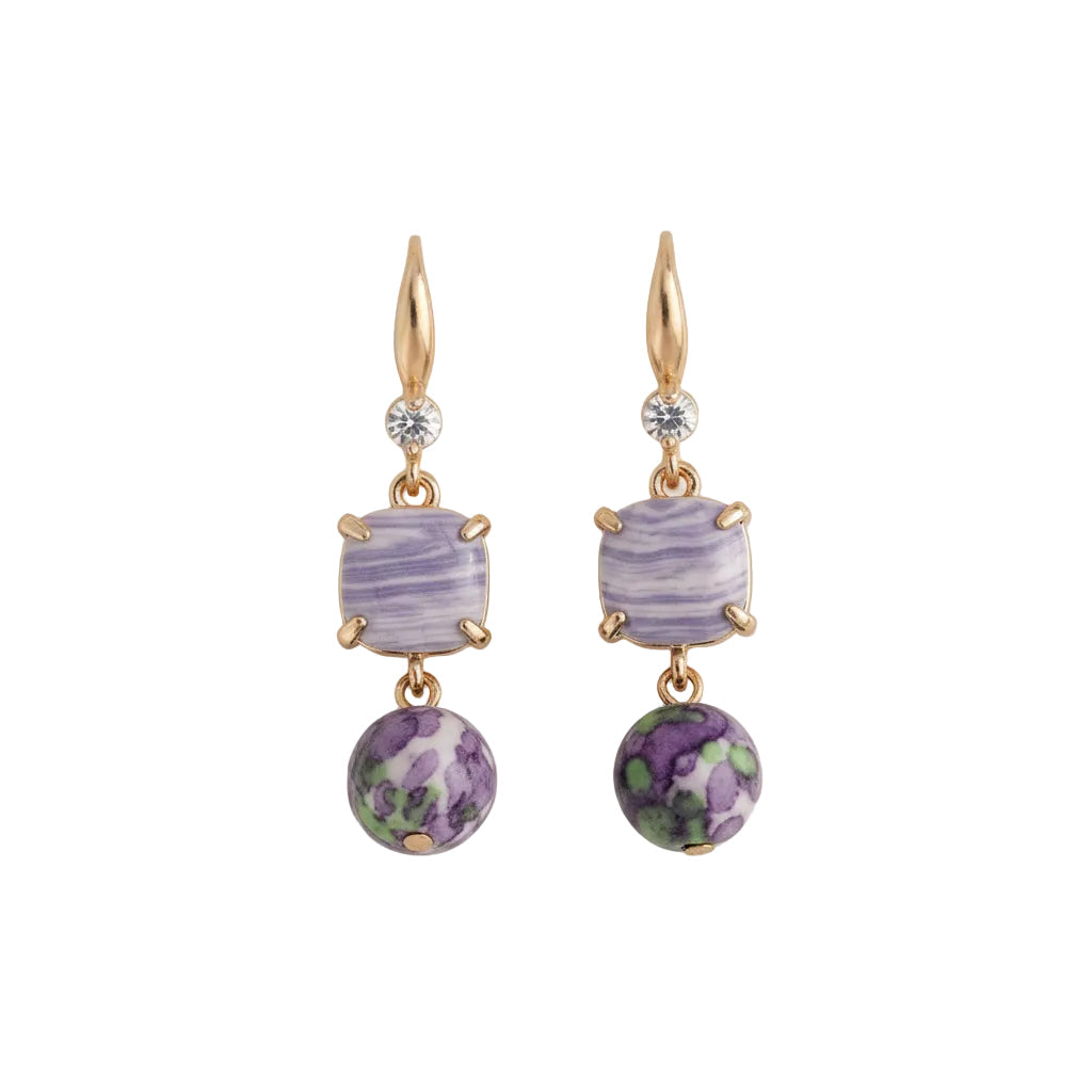 Purple Resin & Cubic Zirconia Goldtone Cushion Ball Hook Earrings
