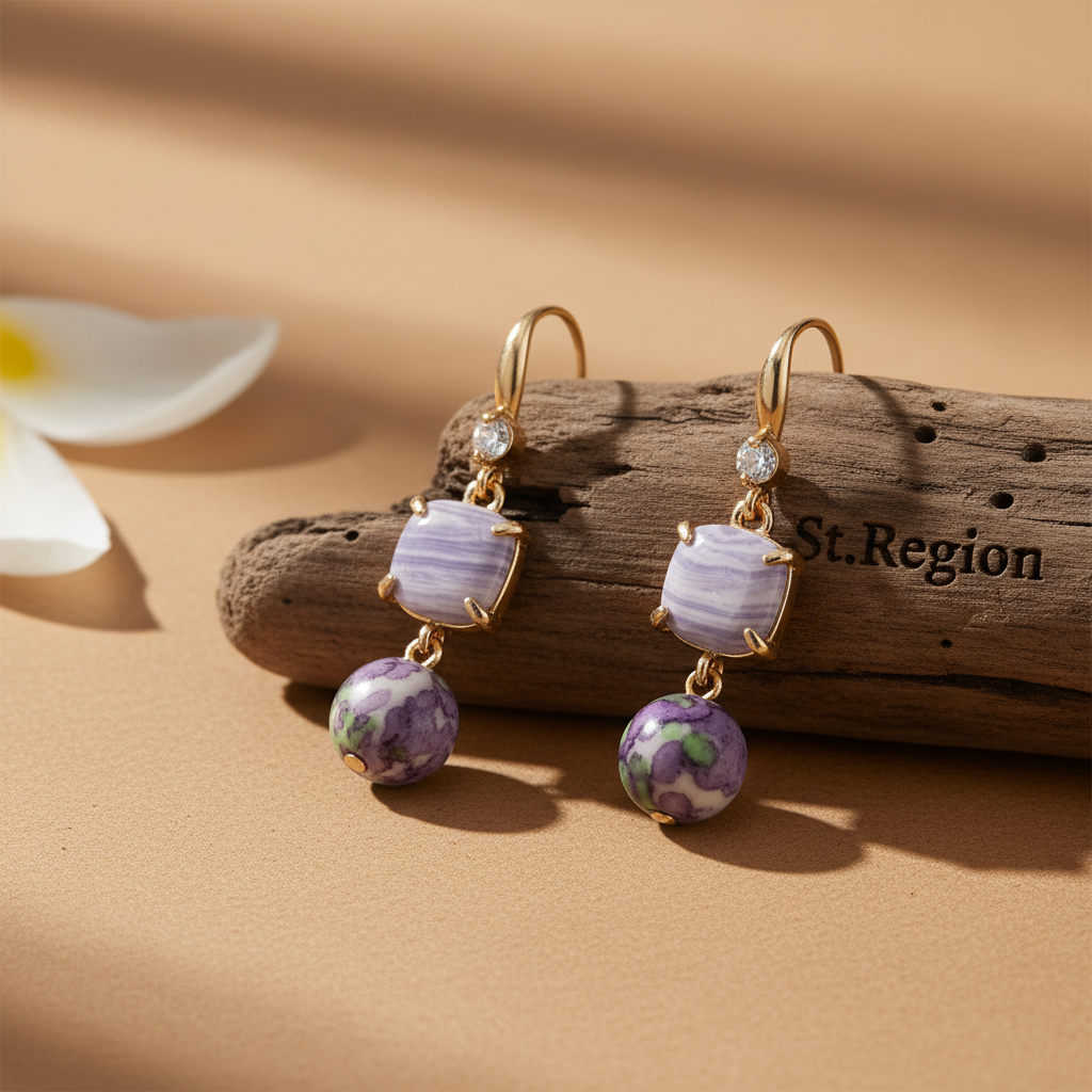 Purple Resin & Cubic Zirconia Goldtone Cushion Ball Hook Earrings