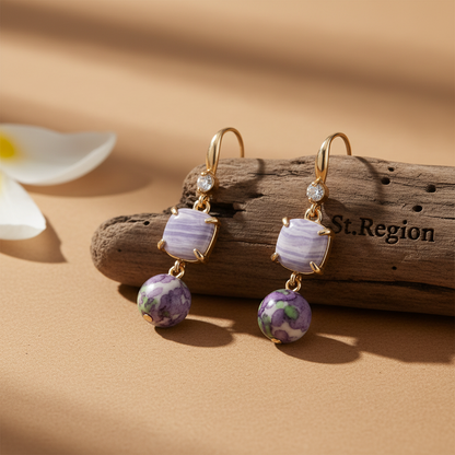 Purple Resin & Cubic Zirconia Goldtone Cushion Ball Hook Earrings