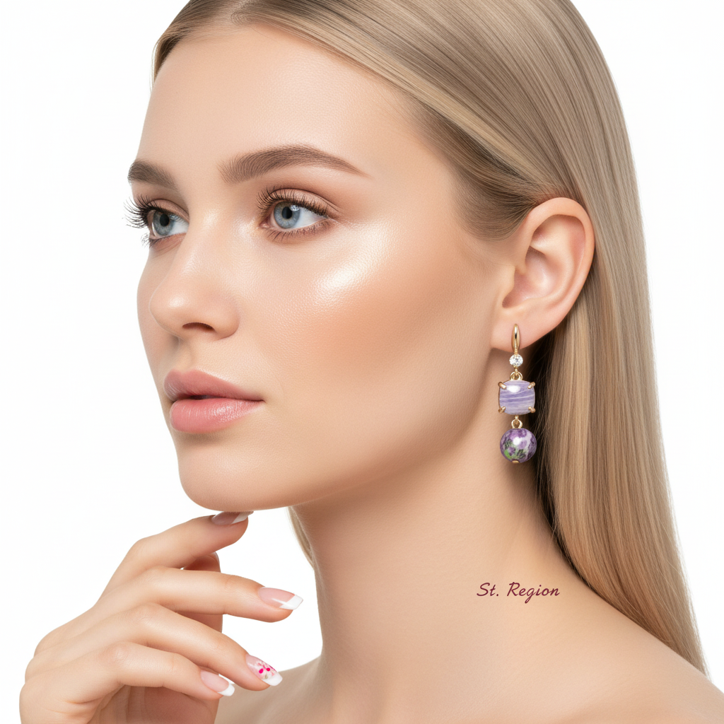 Purple Resin & Cubic Zirconia Goldtone Cushion Ball Hook Earrings