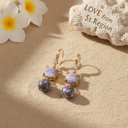Purple Resin & Cubic Zirconia Goldtone Cushion Ball Hook Earrings