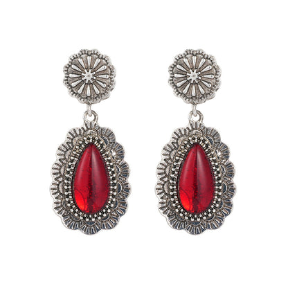 Red Resin & Silvertone Flower Drop Earrings