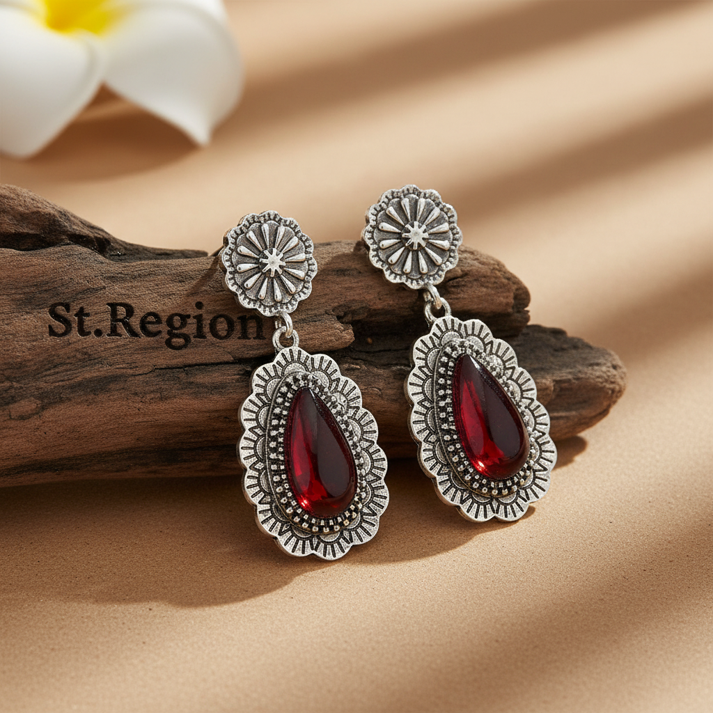 Red Resin & Silvertone Flower Drop Earrings