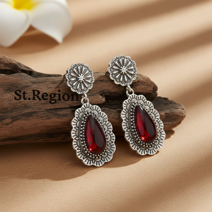 Red Resin & Silvertone Flower Drop Earrings