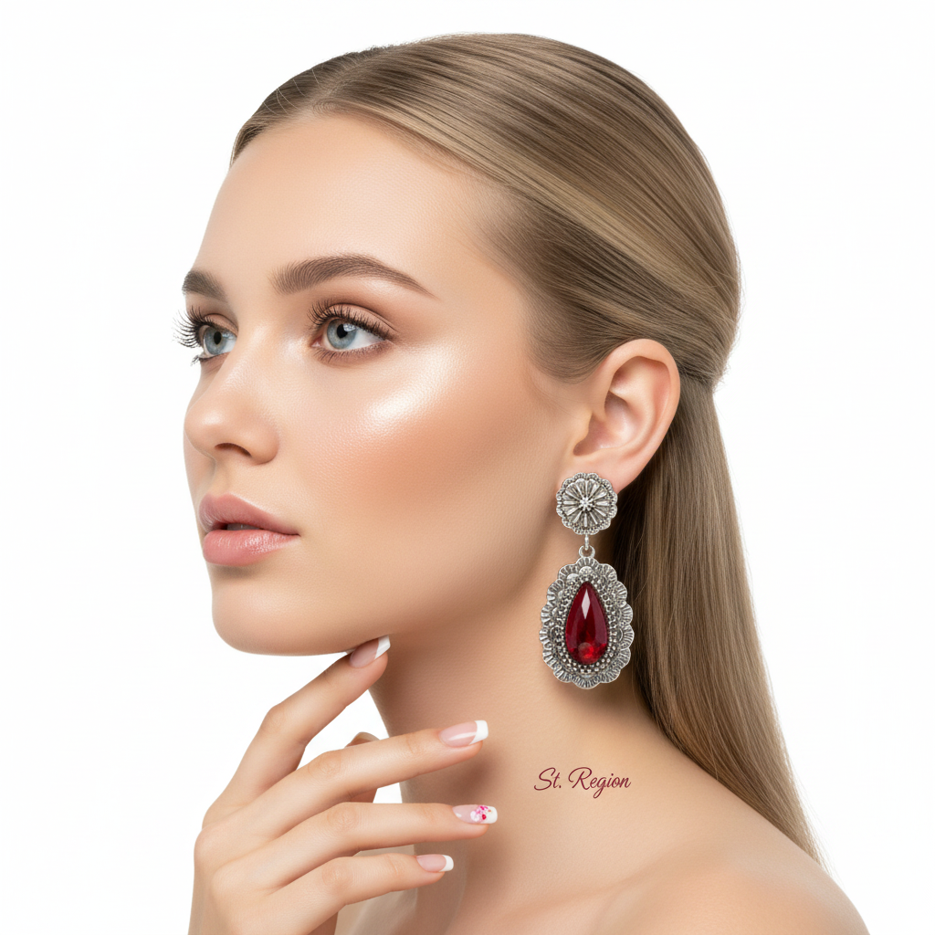 Red Resin & Silvertone Flower Drop Earrings