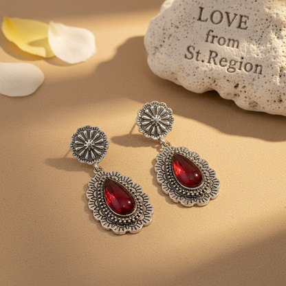 Red Resin & Silvertone Flower Drop Earrings