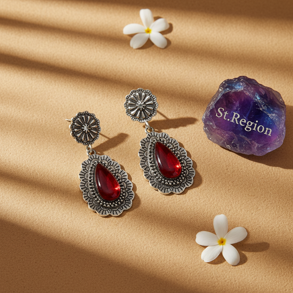 Red Resin & Silvertone Flower Drop Earrings