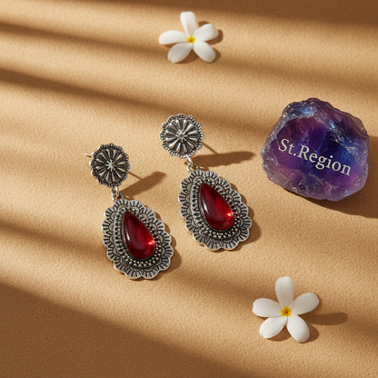 Red Resin & Silvertone Flower Drop Earrings