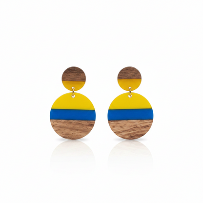 Yellow & Blue Resin Wood Goldtone Striped Circular Dangle Earrings