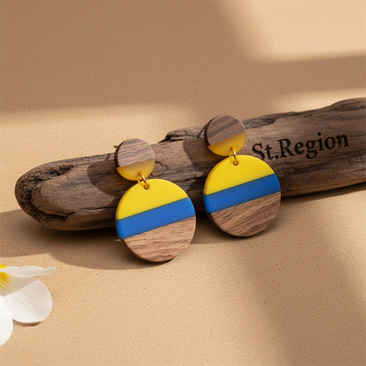 Yellow & Blue Resin Wood Goldtone Striped Circular Dangle Earrings