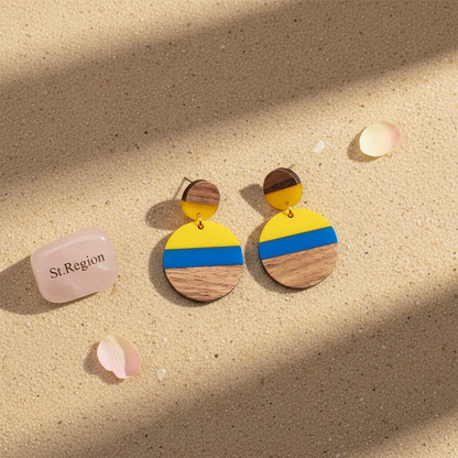 Yellow & Blue Resin Wood Goldtone Striped Circular Dangle Earrings