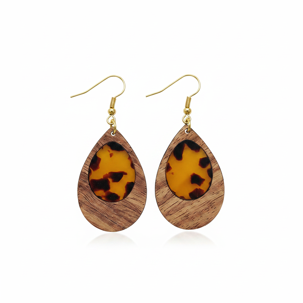 Amber Clear Resin & Wood Goldtone Patchwork Teardrop Hook Earrings