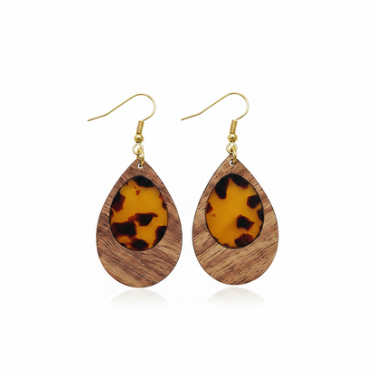 Amber Clear Resin & Wood Goldtone Patchwork Teardrop Hook Earrings