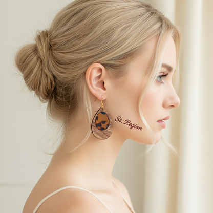 Amber Clear Resin & Wood Goldtone Patchwork Teardrop Hook Earrings